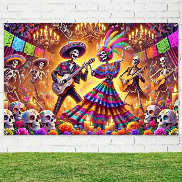 Alt view image 4 of 6 - Dia de Los Muertos Banner 71x43 in Skeleton Party Decor | Day of the Dead Background and Sugar Skull Fiesta Banner for Fiesta, Photo Booth and Wall, Skeleton Design