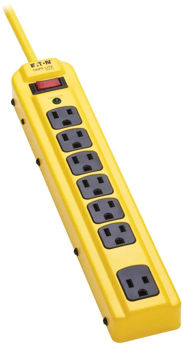 Main image of Eaton Series TLM704SA Heavy Duty Power Strip with Surge Protection, 7 Outlets, 450 Joules, 4ft Cord, Yellow Metal Housing, Under Desk & Wall Mountable, Cord Wrap, Industrial Garage Shop