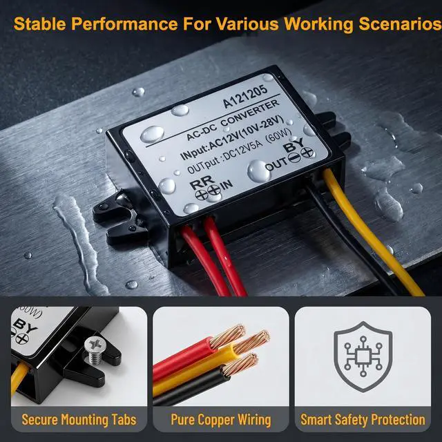 Alt view image 6 of 6 - AC to DC Converter 12V 5A, IP67 Waterproof Step Down Converter AC 10-28V to DC 12V, Integrated SMD with 4 Cables for Motor, Pump, Router, Surveillance Camera (1Pcs)