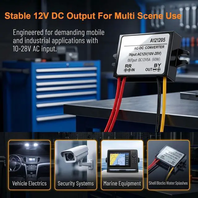 Alt view image 3 of 6 - AC to DC Converter 12V 5A, IP67 Waterproof Step Down Converter AC 10-28V to DC 12V, Integrated SMD with 4 Cables for Motor, Pump, Router, Surveillance Camera (1Pcs)