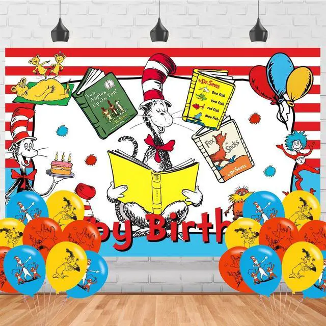 Main image of Cartoon Cat Happy Birthday Backdrop The Cat in The Hat Banner Poster for Cat Theme Party Decorations Birthday Supplies Background Studio Shoot Photo Props Booth