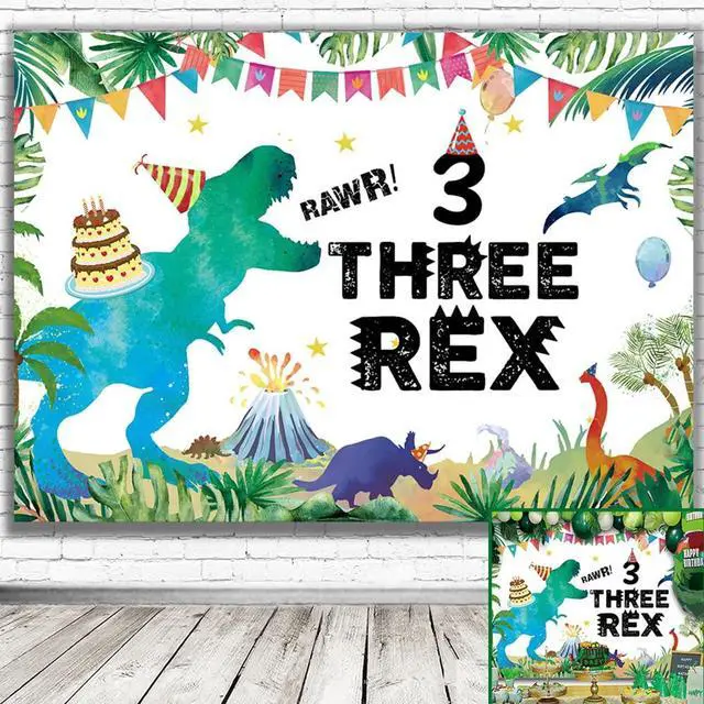 Alt view image 7 of 7 - Dinosaur Birthday Backdrop Three Rex, Dinosaur 3rd Birthday Background T-Rex Dinosaur Birthday Party Supplies Birthday Party Extra Large Wall Banner for 6x4ft