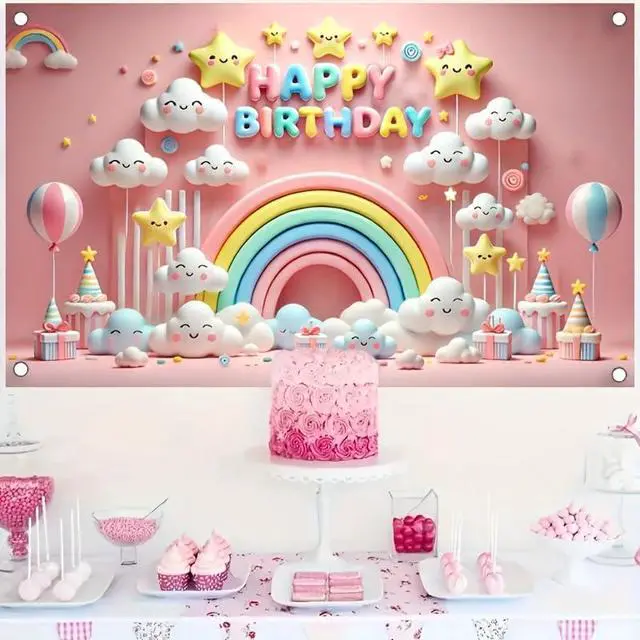 Alt view image 3 of 5 - Rainbow Star Happy Birthday Banner 71x43 Inch | Banner Sign Party Backdrop Rainbow Cloud Banner Star Celebration Background Playroom Bedroom Wall Yard Sky Stars