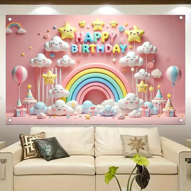 Alt view image 4 of 5 - Rainbow Star Happy Birthday Banner 71x43 Inch | Banner Sign Party Backdrop Rainbow Cloud Banner Star Celebration Background Playroom Bedroom Wall Yard Sky Stars