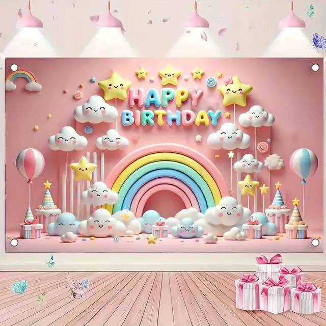 Main image of Rainbow Star Happy Birthday Banner 71x43 Inch | Banner Sign Party Backdrop Rainbow Cloud Banner Star Celebration Background Playroom Bedroom Wall Yard Sky Stars
