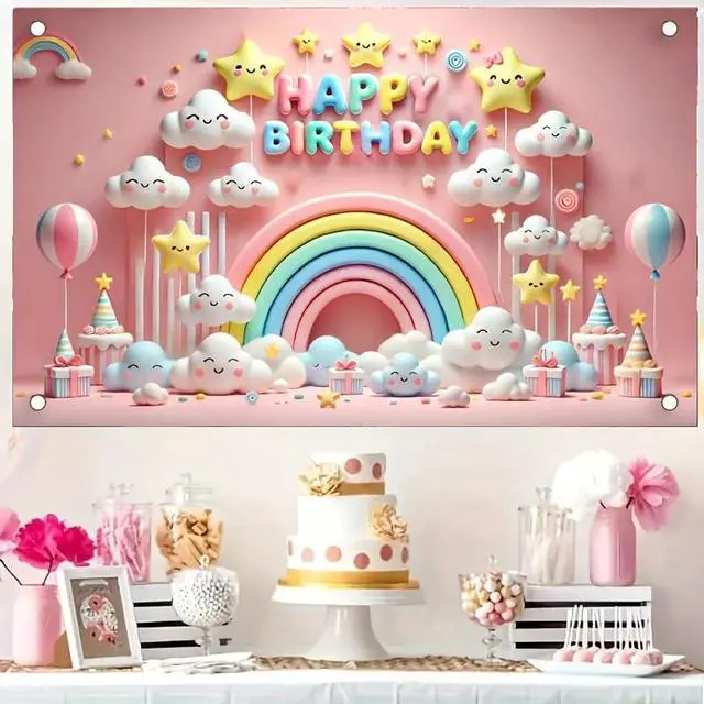 Alt view image 2 of 5 - Rainbow Star Happy Birthday Banner 71x43 Inch | Banner Sign Party Backdrop Rainbow Cloud Banner Star Celebration Background Playroom Bedroom Wall Yard Sky Stars