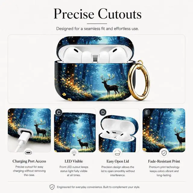 Alt view image 3 of 7 - Compatible with AirPod Pro 3 Case (2025), Stylish Pattern Protective Cover with Keychain, Shockproof Anti-Drop TPU Case for Women and Men(Enchanted Forest Deer Glow Lights)
