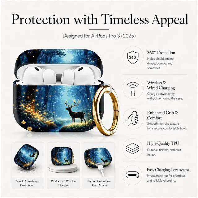 Alt view image 5 of 7 - Compatible with AirPod Pro 3 Case (2025), Stylish Pattern Protective Cover with Keychain, Shockproof Anti-Drop TPU Case for Women and Men(Enchanted Forest Deer Glow Lights)