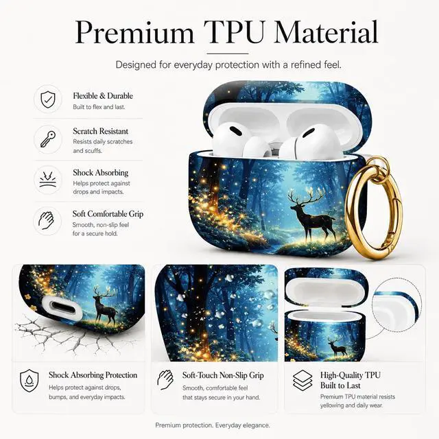 Alt view image 4 of 7 - Compatible with AirPod Pro 3 Case (2025), Stylish Pattern Protective Cover with Keychain, Shockproof Anti-Drop TPU Case for Women and Men(Enchanted Forest Deer Glow Lights)