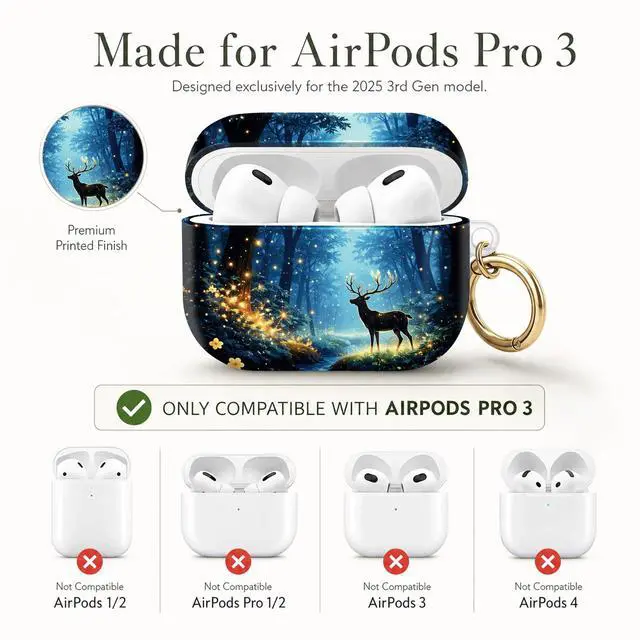 Alt view image 6 of 7 - Compatible with AirPod Pro 3 Case (2025), Stylish Pattern Protective Cover with Keychain, Shockproof Anti-Drop TPU Case for Women and Men(Enchanted Forest Deer Glow Lights)