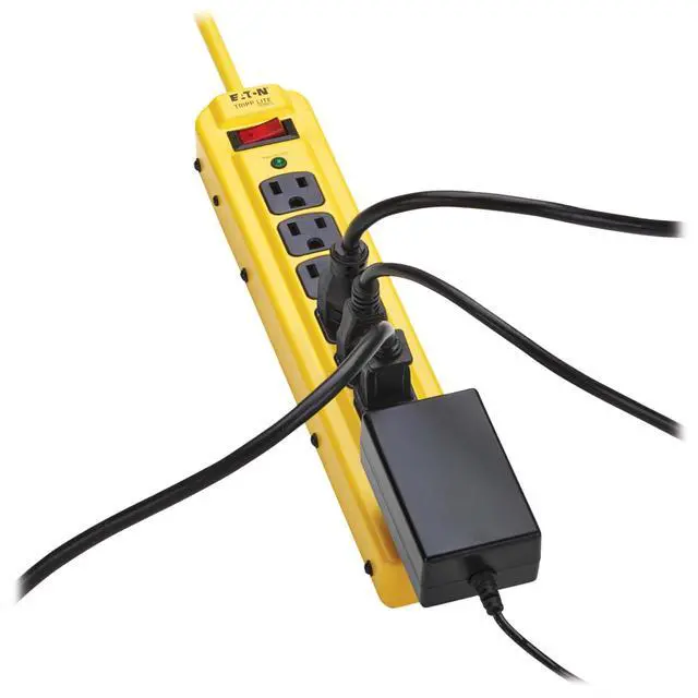 Alt view image 4 of 7 - Eaton Series TLM704SA Heavy Duty Power Strip with Surge Protection, 7 Outlets, 450 Joules, 4ft Cord, Yellow Metal Housing, Under Desk & Wall Mountable, Cord Wrap, Industrial Garage Shop