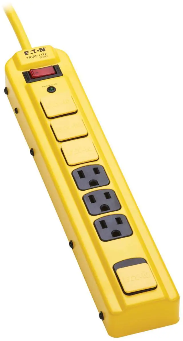 Alt view image 6 of 7 - Eaton Series TLM704SA Heavy Duty Power Strip with Surge Protection, 7 Outlets, 450 Joules, 4ft Cord, Yellow Metal Housing, Under Desk & Wall Mountable, Cord Wrap, Industrial Garage Shop