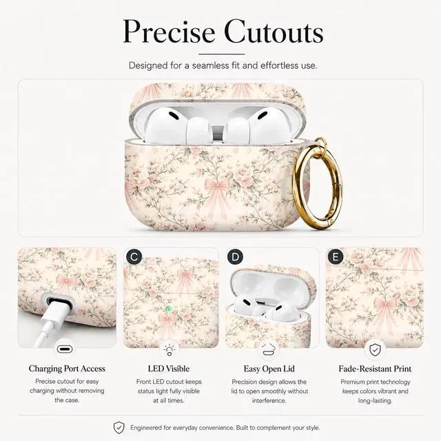 Alt view image 3 of 7 - Compatible with AirPod Pro 3 Case (2025), Stylish Pattern Protective Cover with Keychain, Shockproof Anti-Drop TPU Case for Women and Men(Floral Bow)