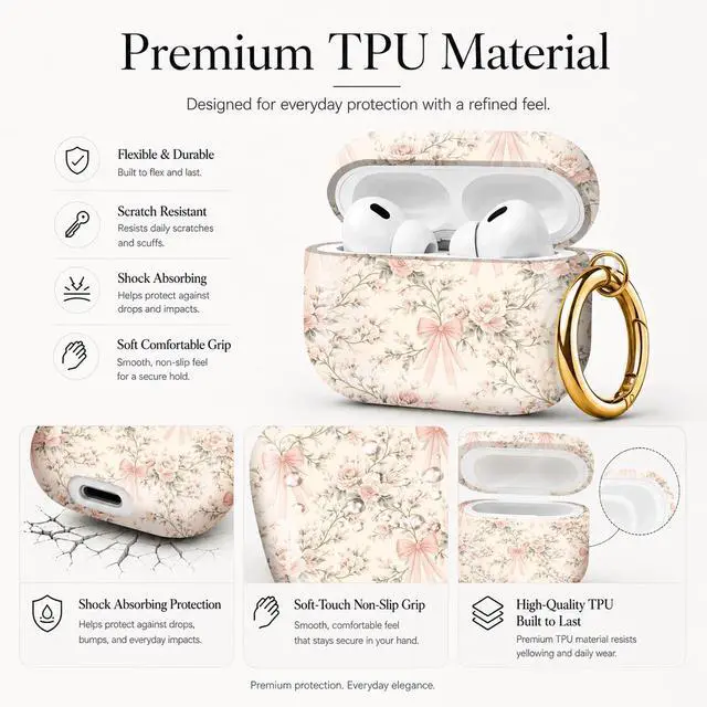 Alt view image 4 of 7 - Compatible with AirPod Pro 3 Case (2025), Stylish Pattern Protective Cover with Keychain, Shockproof Anti-Drop TPU Case for Women and Men(Floral Bow)