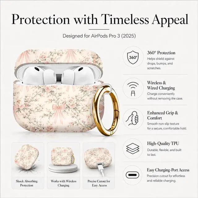 Alt view image 5 of 7 - Compatible with AirPod Pro 3 Case (2025), Stylish Pattern Protective Cover with Keychain, Shockproof Anti-Drop TPU Case for Women and Men(Floral Bow)
