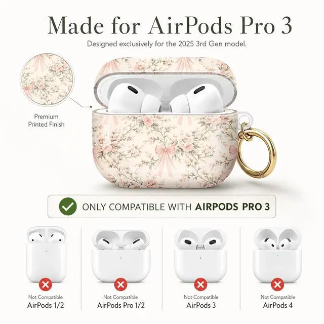 Alt view image 6 of 7 - Compatible with AirPod Pro 3 Case (2025), Stylish Pattern Protective Cover with Keychain, Shockproof Anti-Drop TPU Case for Women and Men(Floral Bow)