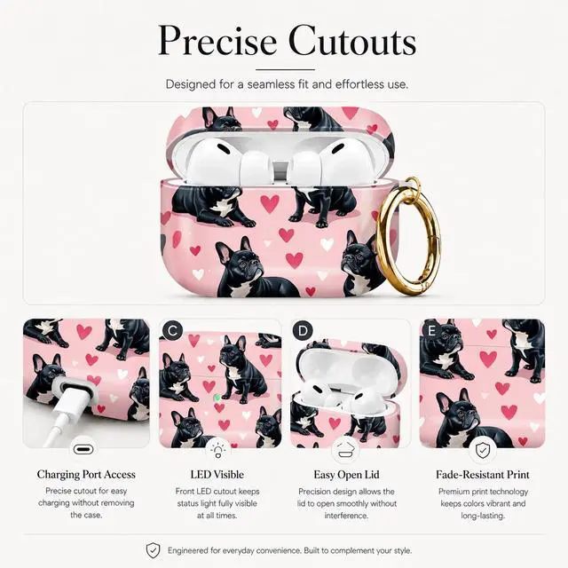 Alt view image 3 of 7 - Compatible with AirPod Pro 3 Case (2025), Stylish Pattern Protective Cover with Keychain, Shockproof Anti-Drop TPU Case for Women and Men(French Bulldog Hearts Pink)