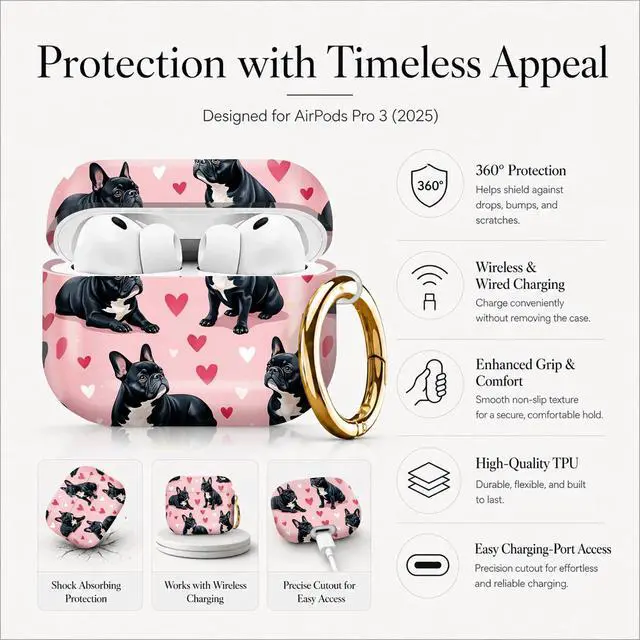 Alt view image 5 of 7 - Compatible with AirPod Pro 3 Case (2025), Stylish Pattern Protective Cover with Keychain, Shockproof Anti-Drop TPU Case for Women and Men(French Bulldog Hearts Pink)