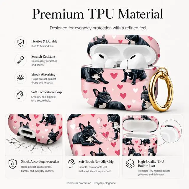 Alt view image 4 of 7 - Compatible with AirPod Pro 3 Case (2025), Stylish Pattern Protective Cover with Keychain, Shockproof Anti-Drop TPU Case for Women and Men(French Bulldog Hearts Pink)