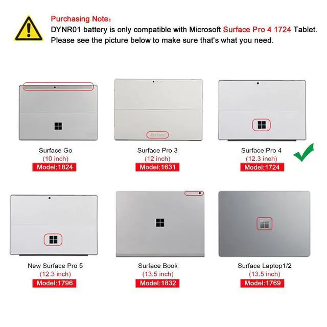 Alt view image 3 of 6 - DYNR01 G3HTA027H Laptop Battery Compatible with Microsoft Surface Pro 4 1724 12.3 inch Tablet G3HTA026H 7.5V 38.2Wh 5087mAh with Tools
