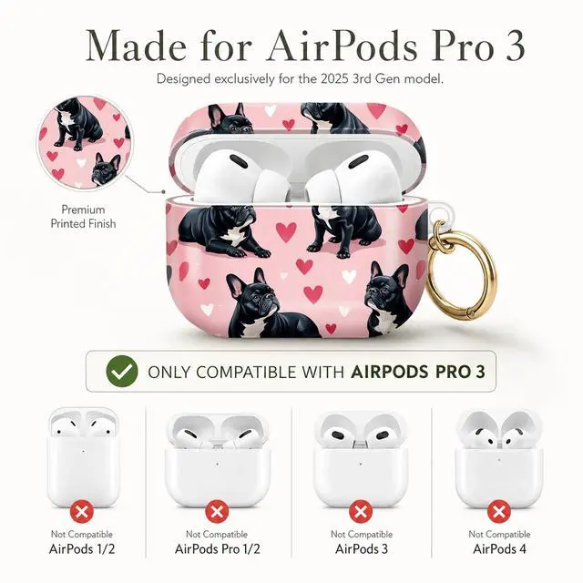 Alt view image 6 of 7 - Compatible with AirPod Pro 3 Case (2025), Stylish Pattern Protective Cover with Keychain, Shockproof Anti-Drop TPU Case for Women and Men(French Bulldog Hearts Pink)