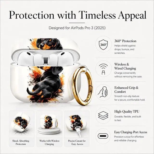 Alt view image 5 of 7 - Compatible with AirPod Pro 3 Case (2025), Stylish Pattern Protective Cover with Keychain, Shockproof Anti-Drop TPU Case for Women and Men(Dachshund Artistic Splash)