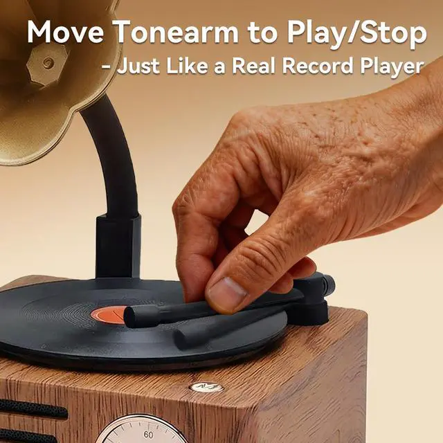 Alt view image 2 of 7 - Retro Music Player, Vintage Phonograph Style MP3 Speaker with 32GB TF Card, Desktop Audio Player with Tonearm Switch & Rotary Volume, Classic Vinyl Look for Home Office Daily Use