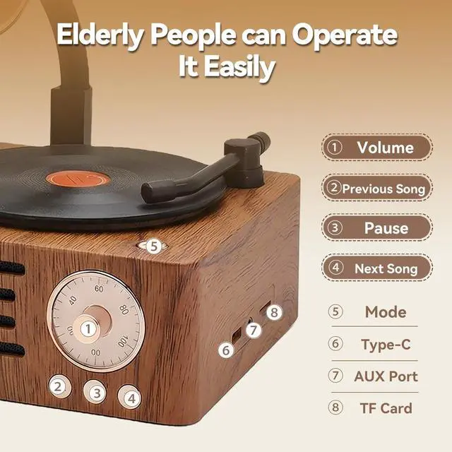 Alt view image 4 of 7 - Retro Music Player, Vintage Phonograph Style MP3 Speaker with 32GB TF Card, Desktop Audio Player with Tonearm Switch & Rotary Volume, Classic Vinyl Look for Home Office Daily Use