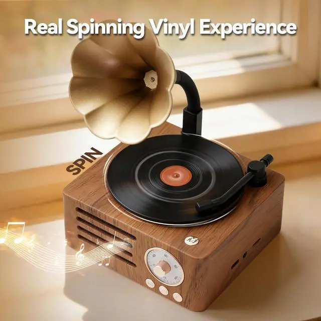 Alt view image 3 of 7 - Retro Music Player, Vintage Phonograph Style MP3 Speaker with 32GB TF Card, Desktop Audio Player with Tonearm Switch & Rotary Volume, Classic Vinyl Look for Home Office Daily Use