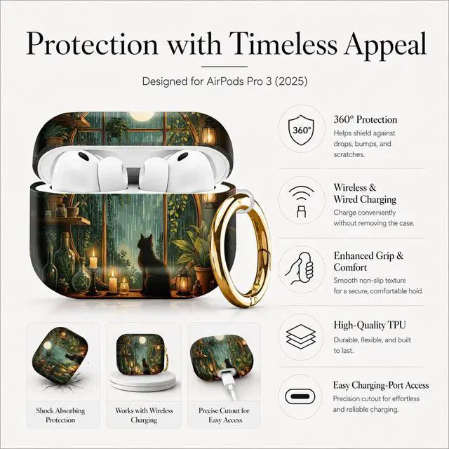 Alt view image 5 of 7 - Compatible with AirPod Pro 3 Case (2025), Stylish Pattern Protective Cover with Keychain, Shockproof Anti-Drop TPU Case for Women and Men(Cozy Indoor Garden Night Scene)