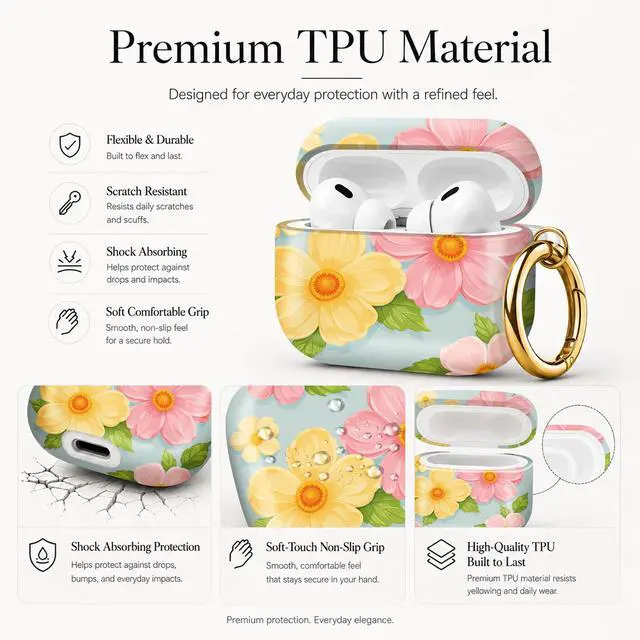 Alt view image 4 of 7 - Compatible with AirPod Pro 3 Case (2025), Stylish Pattern Protective Cover with Keychain, Shockproof Anti-Drop TPU Case for Women and Men(Floral with Pink Yellow Flowers)