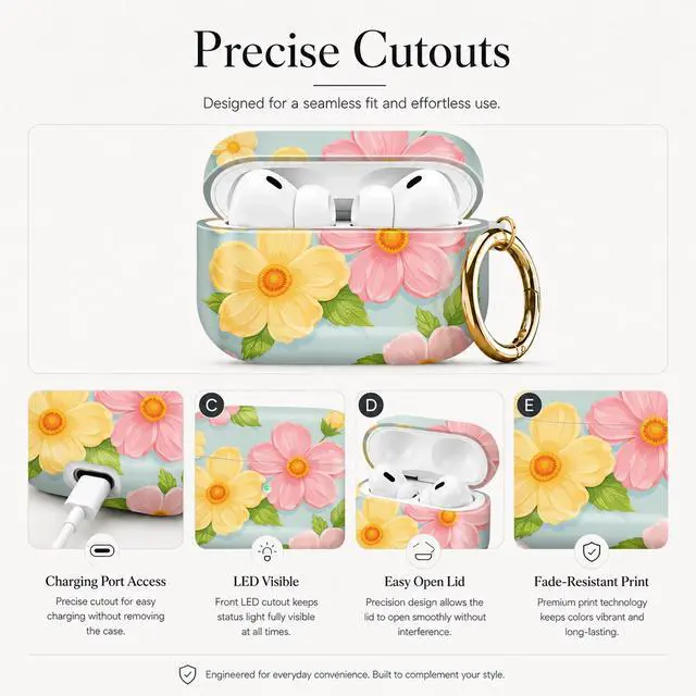 Alt view image 3 of 7 - Compatible with AirPod Pro 3 Case (2025), Stylish Pattern Protective Cover with Keychain, Shockproof Anti-Drop TPU Case for Women and Men(Floral with Pink Yellow Flowers)