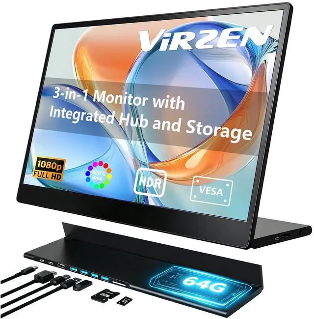 Main image of Portable Monitor 15.6 Inch 1080p Built-in Hub Docking Station 64G Storage Card IPS Display with Foldable Stand for Mac Windows, iPad,Smart Phone