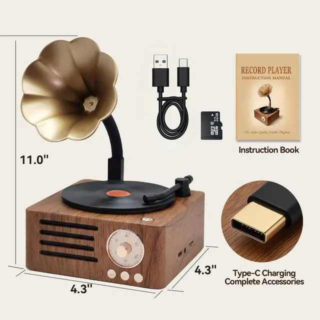 Alt view image 7 of 7 - Retro Music Player, Vintage Phonograph Style MP3 Speaker with 32GB TF Card, Desktop Audio Player with Tonearm Switch & Rotary Volume, Classic Vinyl Look for Home Office Daily Use