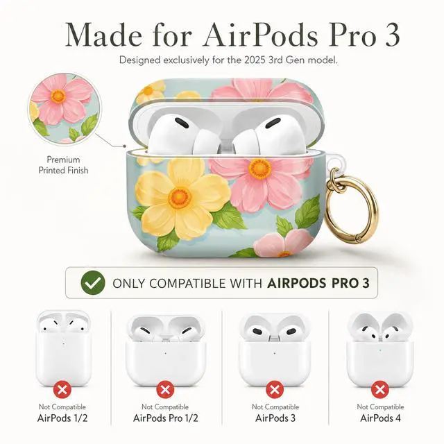 Alt view image 6 of 7 - Compatible with AirPod Pro 3 Case (2025), Stylish Pattern Protective Cover with Keychain, Shockproof Anti-Drop TPU Case for Women and Men(Floral with Pink Yellow Flowers)