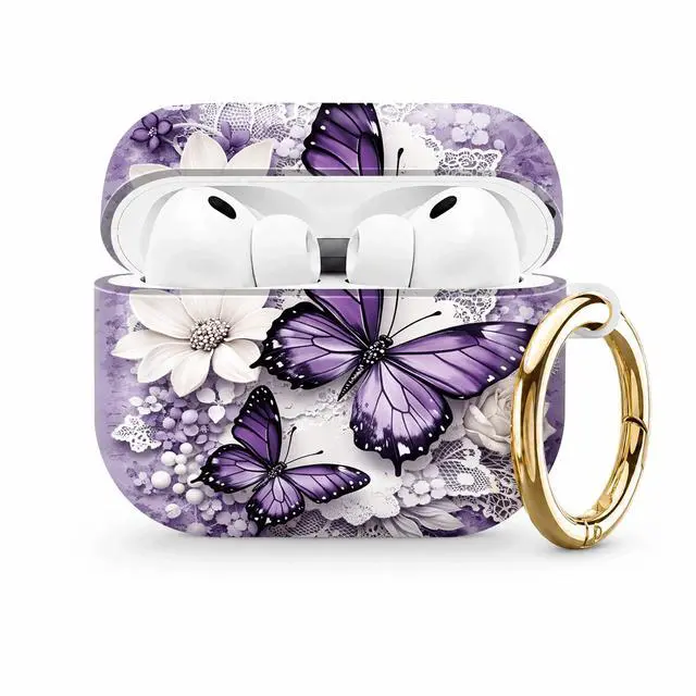 Main image of Compatible with AirPod Pro 3 Case (2025), Stylish Pattern Protective Cover with Keychain, Shockproof Anti-Drop TPU Case for Women and Men(Purple Butterflies White Flowers Lace)