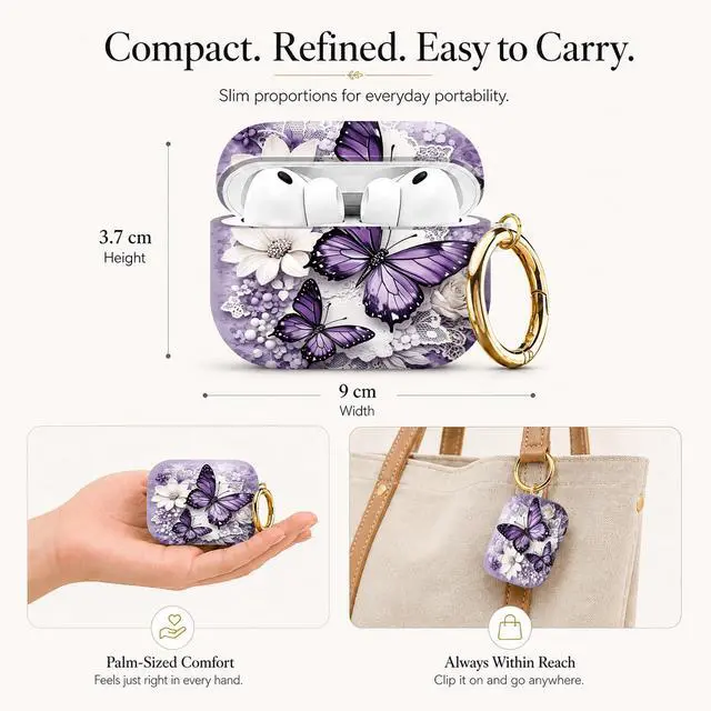 Alt view image 2 of 7 - Compatible with AirPod Pro 3 Case (2025), Stylish Pattern Protective Cover with Keychain, Shockproof Anti-Drop TPU Case for Women and Men(Purple Butterflies White Flowers Lace)