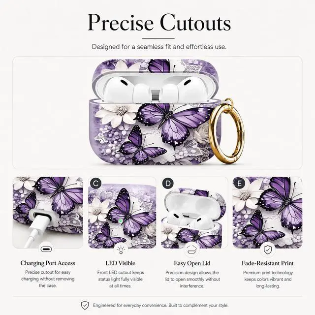 Alt view image 3 of 7 - Compatible with AirPod Pro 3 Case (2025), Stylish Pattern Protective Cover with Keychain, Shockproof Anti-Drop TPU Case for Women and Men(Purple Butterflies White Flowers Lace)