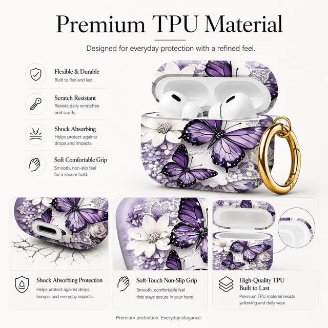 Alt view image 4 of 7 - Compatible with AirPod Pro 3 Case (2025), Stylish Pattern Protective Cover with Keychain, Shockproof Anti-Drop TPU Case for Women and Men(Purple Butterflies White Flowers Lace)