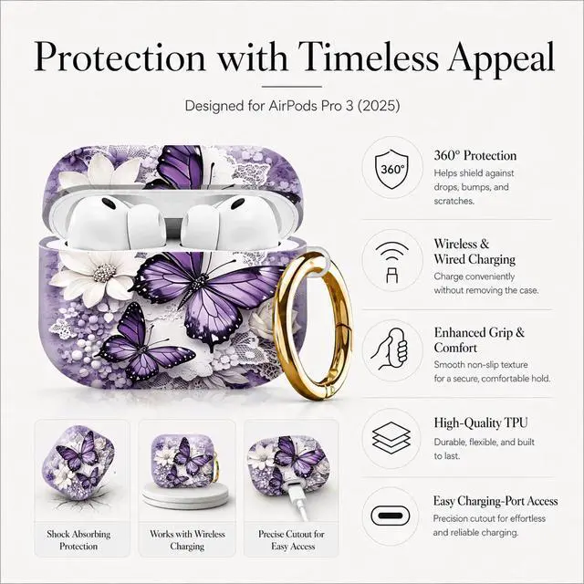 Alt view image 5 of 7 - Compatible with AirPod Pro 3 Case (2025), Stylish Pattern Protective Cover with Keychain, Shockproof Anti-Drop TPU Case for Women and Men(Purple Butterflies White Flowers Lace)