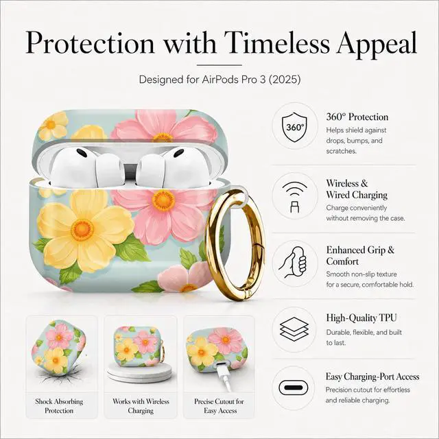 Alt view image 5 of 7 - Compatible with AirPod Pro 3 Case (2025), Stylish Pattern Protective Cover with Keychain, Shockproof Anti-Drop TPU Case for Women and Men(Floral with Pink Yellow Flowers)