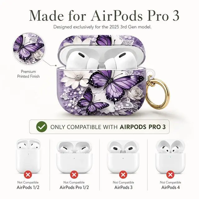 Alt view image 6 of 7 - Compatible with AirPod Pro 3 Case (2025), Stylish Pattern Protective Cover with Keychain, Shockproof Anti-Drop TPU Case for Women and Men(Purple Butterflies White Flowers Lace)