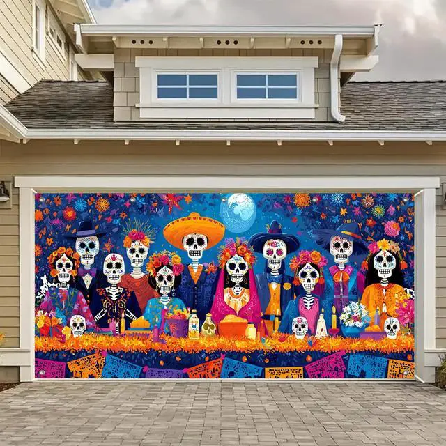 Main image of Day of the Dead Feast Garage Door Cover 13x6 ft | Polyester, Skeleton Dinner Scene, Garage Door Cover for yard, gate. Day of the dead decorations