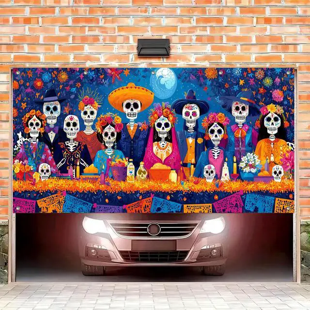 Alt view image 2 of 6 - Day of the Dead Feast Garage Door Cover 13x6 ft | Polyester, Skeleton Dinner Scene, Garage Door Cover for yard, gate. Day of the dead decorations