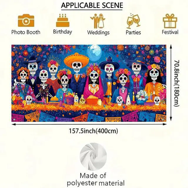 Alt view image 3 of 6 - Day of the Dead Feast Garage Door Cover 13x6 ft | Polyester, Skeleton Dinner Scene, Garage Door Cover for yard, gate. Day of the dead decorations