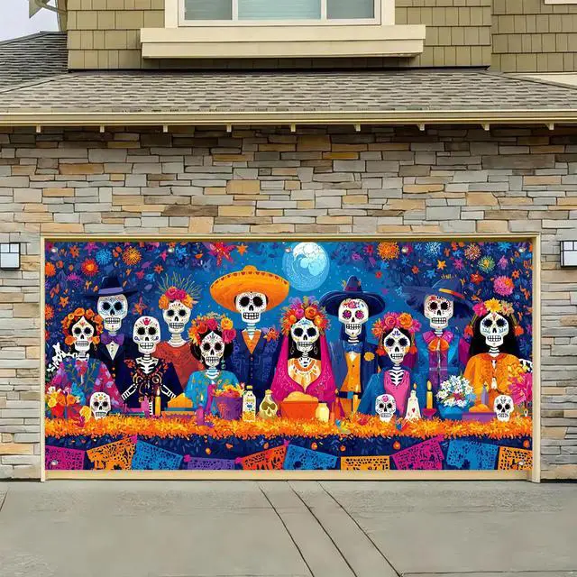 Alt view image 5 of 6 - Day of the Dead Feast Garage Door Cover 13x6 ft | Polyester, Skeleton Dinner Scene, Garage Door Cover for yard, gate. Day of the dead decorations