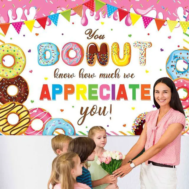 Alt view image 3 of 7 - You Donut Know How Much We Appreciate You Backdrop 8x6FT Doughnut Thank You Background Thanks for All You Do Backdrop for Staff Employee Teachers Doctor Party Decorations Banner Photo Props