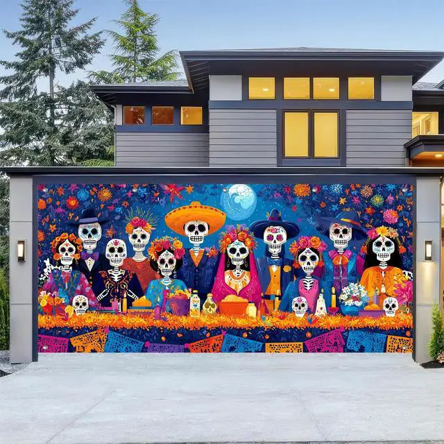 Alt view image 6 of 6 - Day of the Dead Feast Garage Door Cover 13x6 ft | Polyester, Skeleton Dinner Scene, Garage Door Cover for yard, gate. Day of the dead decorations