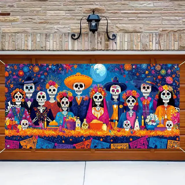 Alt view image 4 of 6 - Day of the Dead Feast Garage Door Cover 13x6 ft | Polyester, Skeleton Dinner Scene, Garage Door Cover for yard, gate. Day of the dead decorations