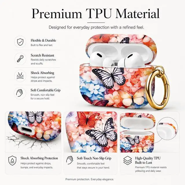 Alt view image 4 of 7 - Compatible with AirPod Pro 3 Case (2025), Stylish Pattern Protective Cover with Keychain, Shockproof Anti-Drop TPU Case for Women and Men(Butterfly Floral)